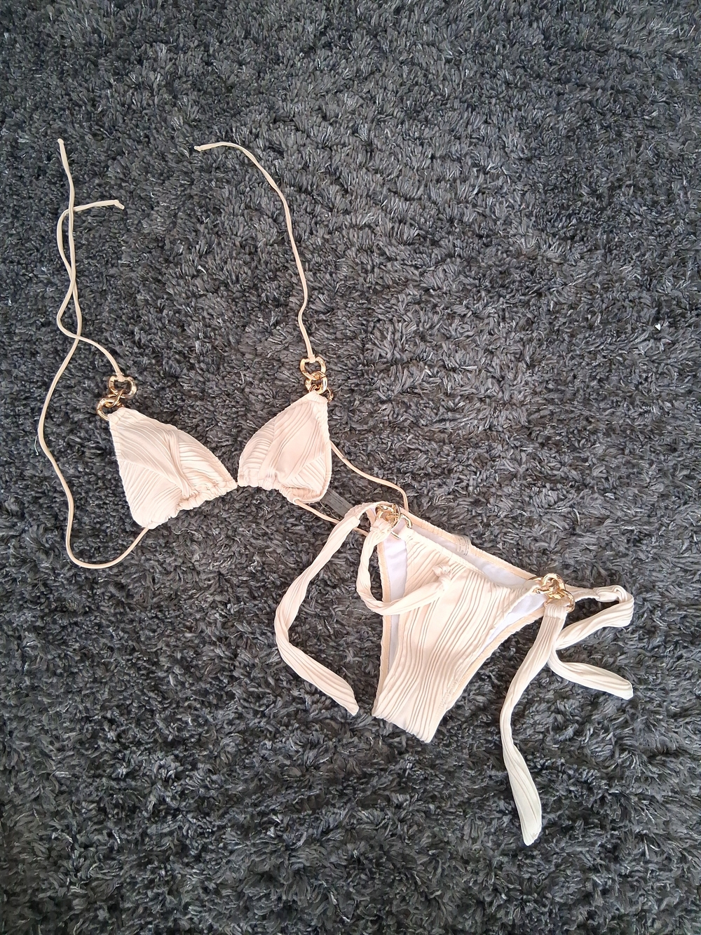 Cream Ribbed Triangle Bikini Set with Gold Ring Accents